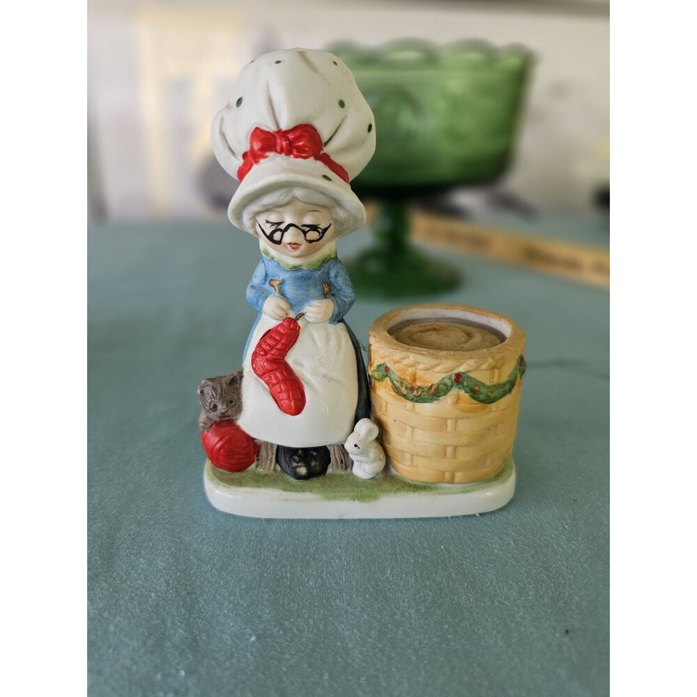 VINTAGE JASCO Christmas Luvkins Candle Holder Figurine Porcelain Granny Knitting